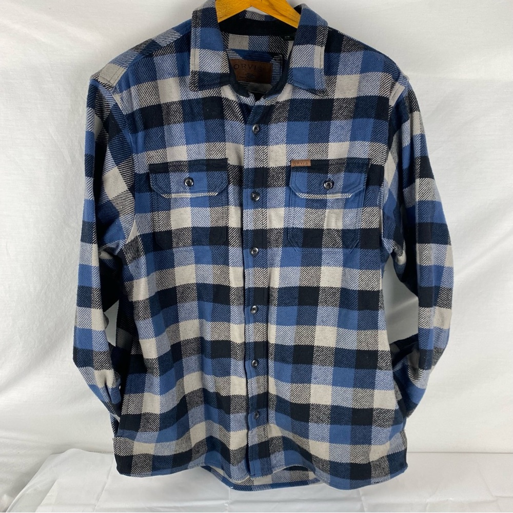 Orvis Blue Plaid Flannel Shirt Mens M Button Up Heavy Cotton Workwear